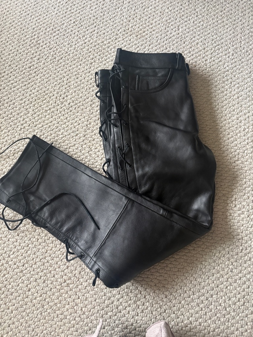Men's Black Lace-Up Wide Leg Leather Pants